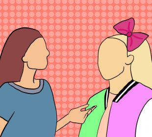 A long-haired brunette has raised an upturned hand in conversation with a long-haired blonde who has a giant pink bow attached in front of a high-ponytail. The brunette is wearing a blue T-shirt and the blonde is wearing a pink shirt with a bomber jacket on top. The jacket has a green right side and a pink left side with white sleeves.