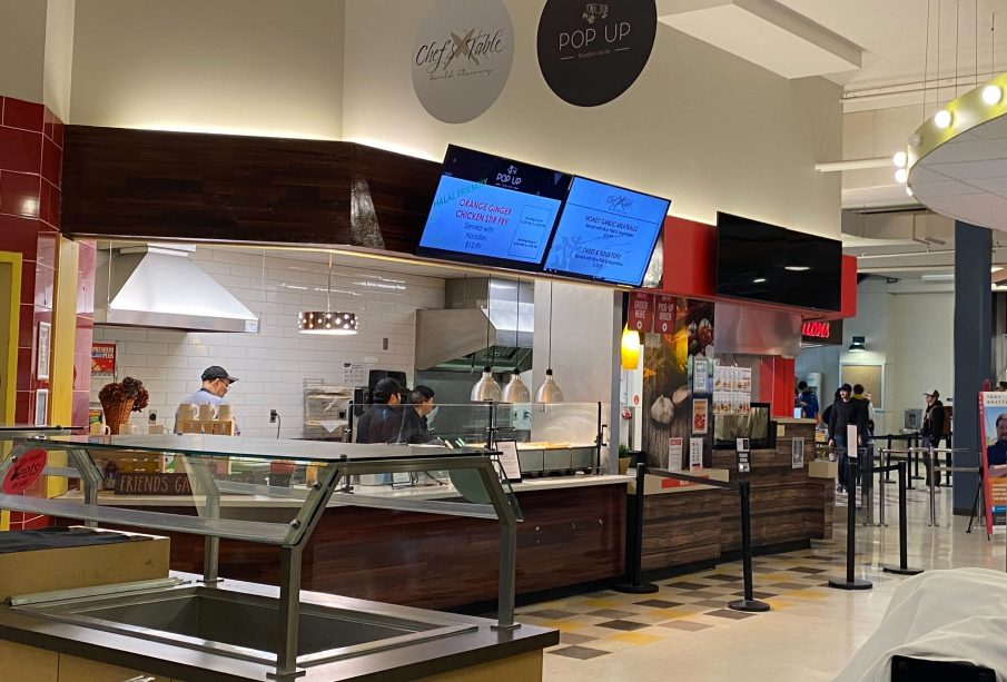 A photo of the Riddell Centre food court, taken from the area behind the food court.