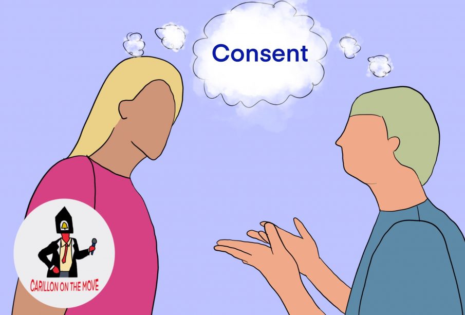 A sketch of two people talking, with a shared thought bubble saying “consent.”