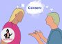A sketch of two people talking, with a shared thought bubble saying “consent.”