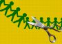 A yellow background with a green chain of paper-cutouts in the shape of people holding hands with stainless-steel scissors in the foreground.