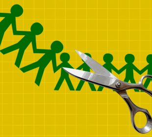 A yellow background with a green chain of paper-cutouts in the shape of people holding hands with stainless-steel scissors in the foreground.