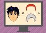A black haired character head that has spiked hair is on a computer screen, there are two other hair options beside the character head, one red buzz cut and the other white with a spiked style. It is a drawing of a computer on a character creation page. 