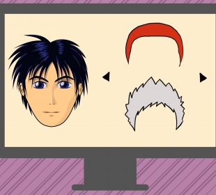 A black haired character head that has spiked hair is on a computer screen, there are two other hair options beside the character head, one red buzz cut and the other white with a spiked style. It is a drawing of a computer on a character creation page.