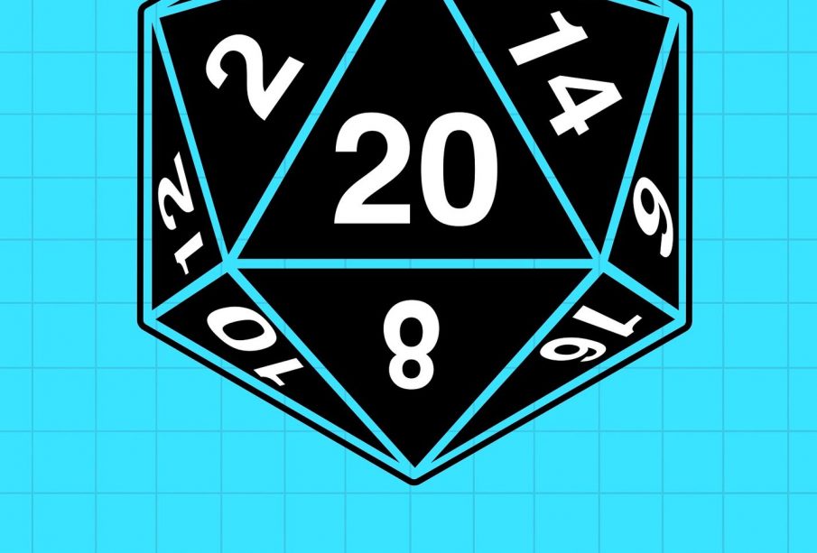 A teal background overlaid with a black grid and a black 20-sided die with white numbering has landed on the 20. There is a golden button labelled in black lettering “Continue” beneath it.