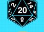 A teal background overlaid with a black grid and a black 20-sided die with white numbering has landed on the 20. There is a golden button labelled in black lettering “Continue” beneath it.