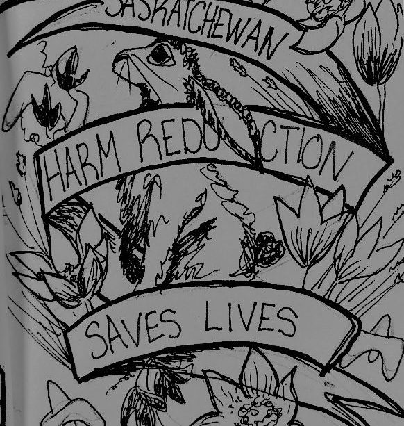 A print of some flowers and a rabbit, with text saying “Saskatchewan harm reduction saves lives.”
