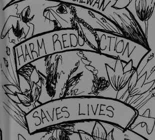A print of some flowers and a rabbit, with text saying “Saskatchewan harm reduction saves lives.”
