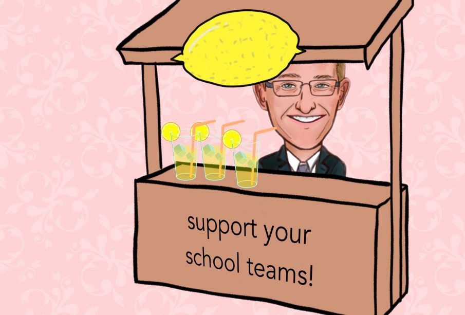 A sketch of President Jeff Keshen selling lemonade. The sign on the stand reads “support your school teams!”