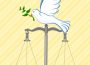 A dove with a sprig of greenery in its beak sits atop a weigh scale.