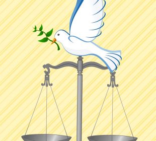 A dove with a sprig of greenery in its beak sits atop a weigh scale. 