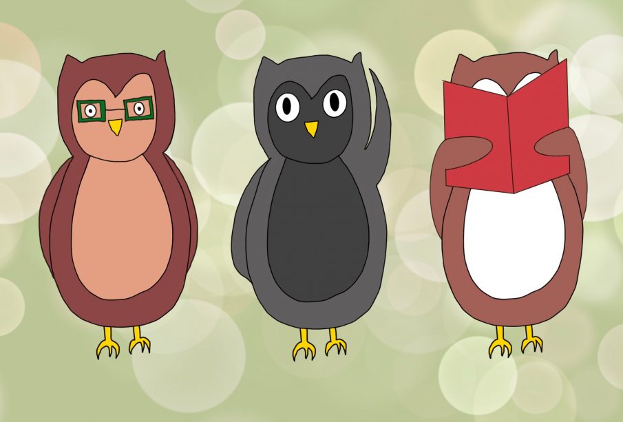 A graphic displays three owls in a row, from left to right. One is wearing eyeglasses, one is using its wing to point to its ear, and one is reading a book.