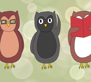 A graphic displays three owls in a row, from left to right. One is wearing eyeglasses, one is using its wing to point to its ear, and one is reading a book.