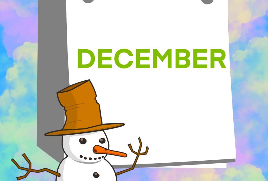 A cotton-candy-coloured background is overlaid with a calendar which says “December” and a snowperson who is pointing at the calendar.