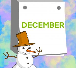 A cotton-candy-coloured background is overlaid with a calendar which says “December” and a snowperson who is pointing at the calendar.