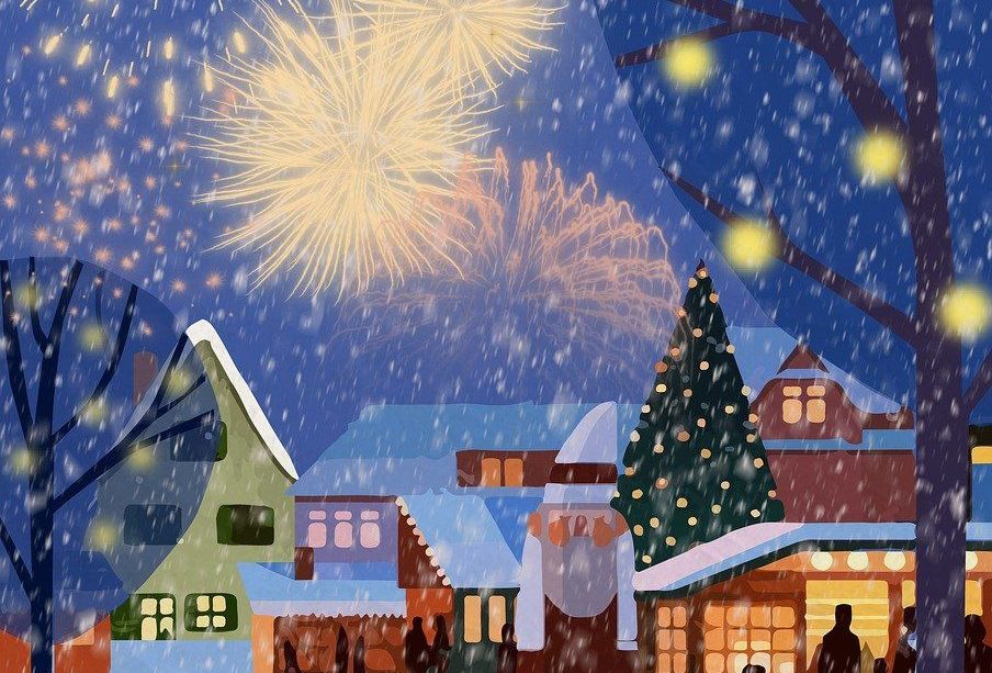 A drawing of a Christmas celebration at a snowy village. There are fireworks, a giant Santa statue, and a very large Christmas tree in the town square which is partially hidden by a house. People are headed to the town square.