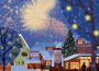 A drawing of a Christmas celebration at a snowy village. There are fireworks, a giant Santa statue, and a very large Christmas tree in the town square which is partially hidden by a house. People are headed to the town square.