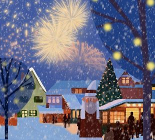 A drawing of a Christmas celebration at a snowy village. There are fireworks, a giant Santa statue, and a very large Christmas tree in the town square which is partially hidden by a house. People are headed to the town square.
