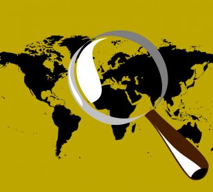 An image of the world map on a yellow background and with a giant magnifying glass over the middle of the map.