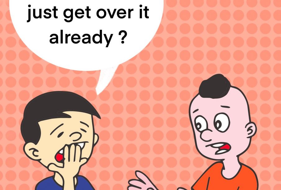 Two people, one yawning and the other reaching out with a shocked face, are speaking. The yawning person is saying “Why can’t they just get over it already?”