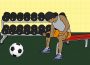 A young person doing curls with a dumbbell while a soccer ball rests in front of them.
