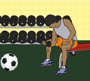 A young person doing curls with a dumbbell while a soccer ball rests in front of them.