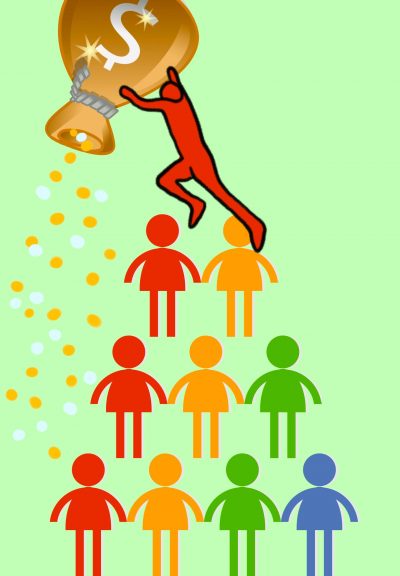 Human figures stand in a pyramid so that the figure at the peak can tip a bag and cause dollars to rain down on the others.