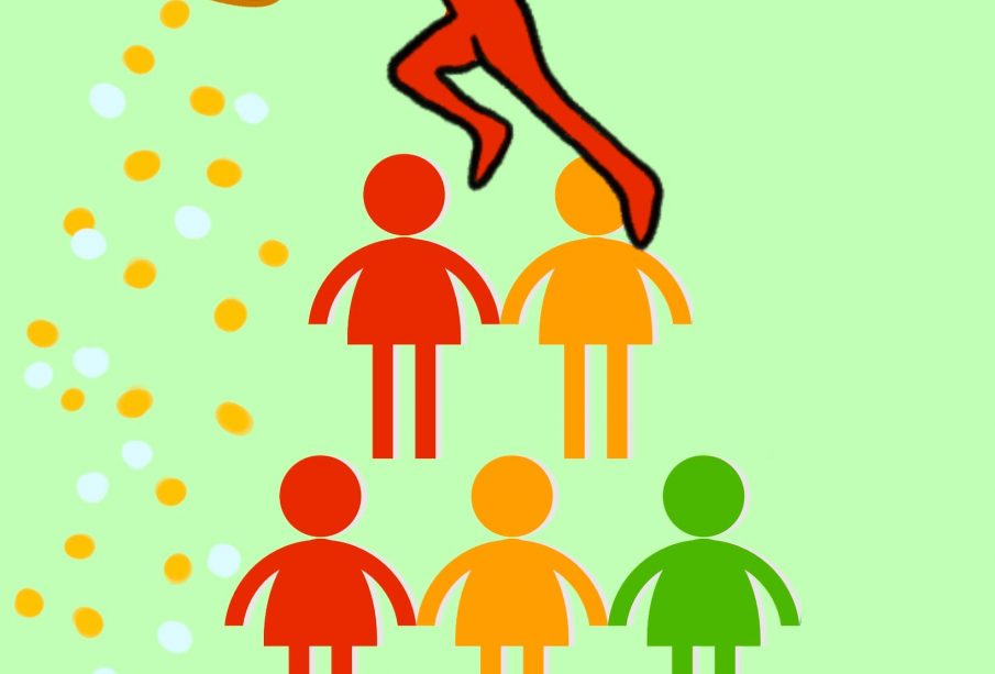 Human figures stand in a pyramid so that the figure at the peak can tip a bag and cause dollars to rain down on the others.