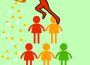 Human figures stand in a pyramid so that the figure at the peak can tip a bag and cause dollars to rain down on the others.