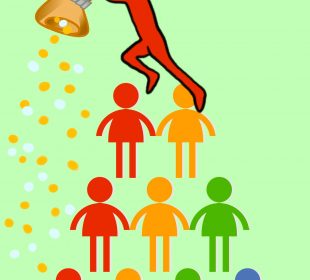 Human figures stand in a pyramid so that the figure at the peak can tip a bag and cause dollars to rain down on the others.
