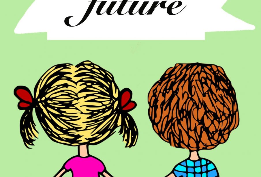 A drawing of two people holding hands and looking at a banner which says “Future.”