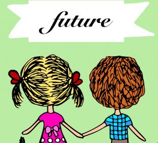 A drawing of two people holding hands and looking at a banner which says “Future.”