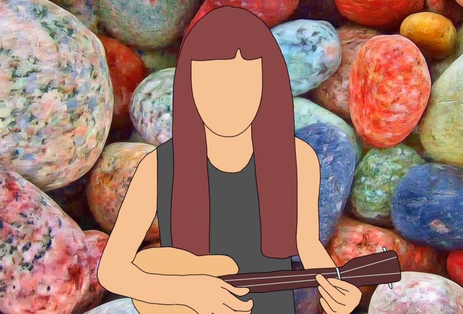 A drawing of Colleen Ballinger playing her ukulele with a background of multi-coloured rocks.