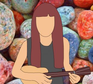 A drawing of Colleen Ballinger playing her ukulele with a background of multi-coloured rocks.