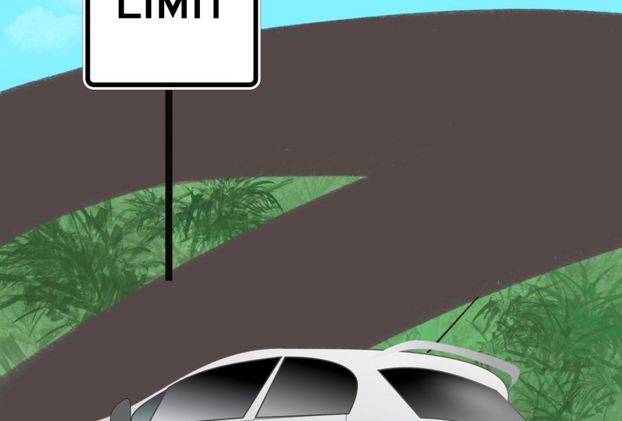 A car approaching a bend in the road, with a large speed limit sign ahead.
