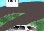 A car approaching a bend in the road, with a large speed limit sign ahead.