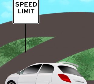 A car approaching a bend in the road, with a large speed limit sign ahead.