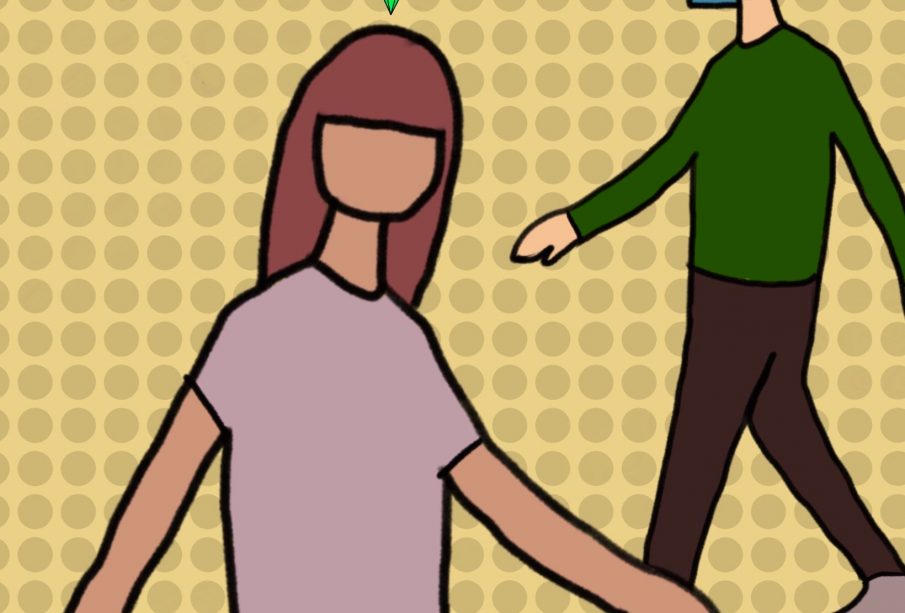Two drawings of humanoids with green diamonds floating above their heads walk past each other on a beige background overlaid with darker beige circles. One humanoid, walking towards the left of the photo and in the middle ground, has chin length blue hair and is wearing a green long-sleeved shirt, grey shoes, and brown pants. The other humanoid, walking towards the right of the photo and in the foreground, has shoulder-length burgundy hair and is wearing a dusty pink T-shirt and blue pants.