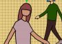 Two drawings of humanoids with green diamonds floating above their heads walk past each other on a beige background overlaid with darker beige circles. One humanoid, walking towards the left of the photo and in the middle ground, has chin length blue hair and is wearing a green long-sleeved shirt, grey shoes, and brown pants. The other humanoid, walking towards the right of the photo and in the foreground, has shoulder-length burgundy hair and is wearing a dusty pink T-shirt and blue pants.