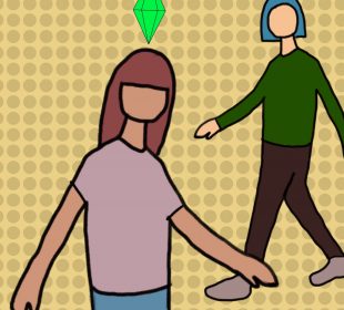 Two drawings of humanoids with green diamonds floating above their heads walk past each other on a beige background overlaid with darker beige circles. One humanoid, walking towards the left of the photo and in the middle ground, has chin length blue hair and is wearing a green long-sleeved shirt, grey shoes, and brown pants. The other humanoid, walking towards the right of the photo and in the foreground, has shoulder-length burgundy hair and is wearing a dusty pink T-shirt and blue pants.