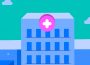 A blue hospital with a pink and white emergency cross sign above the entrance with a teal sky in the background.