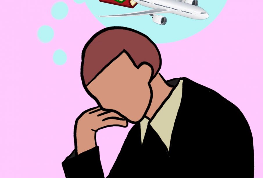 A person sitting pensive at a desk. Thoughts bubbles show they are thinking of textbooks and the winter while a snowman with books is sitting on top of a plane.
