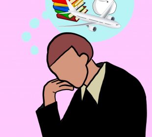 A person sitting pensive at a desk. Thoughts bubbles show they are thinking of textbooks and the winter while a snowman with books is sitting on top of a plane.