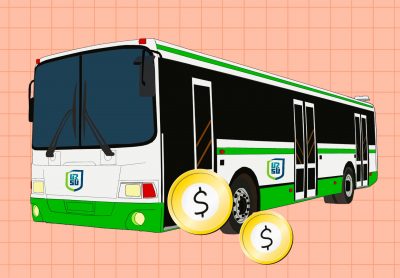 A city bus with the University of Regina Students’ Union’s logo dispenses coins out of its side door.