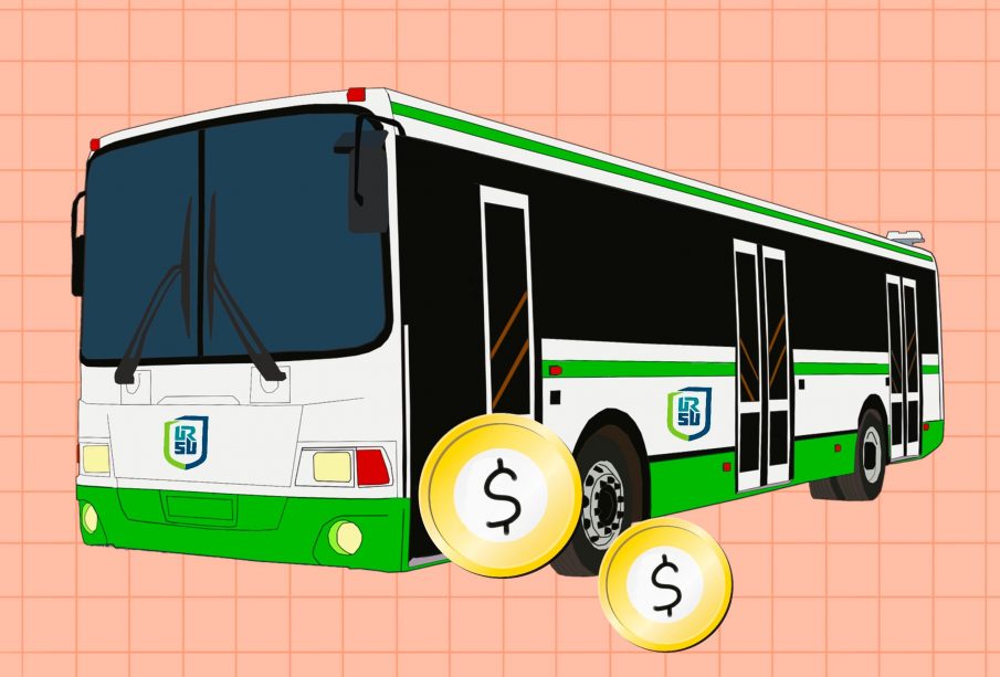 A city bus with the University of Regina Students’ Union’s logo dispenses coins out of its side door.