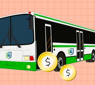 A city bus with the University of Regina Students’ Union’s logo dispenses coins out of its side door.