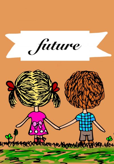 A drawing of two people holding hands and looking at a banner which says “future.”