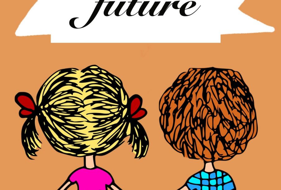 A drawing of two people holding hands and looking at a banner which says “future.”