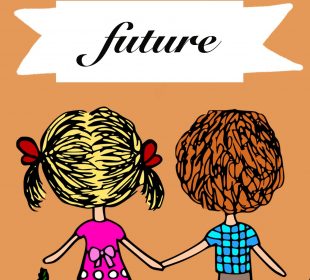 A drawing of two people holding hands and looking at a banner which says “future.”