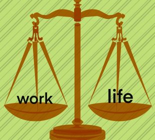 A balanced balance scale with “work” and “life” on the scales.